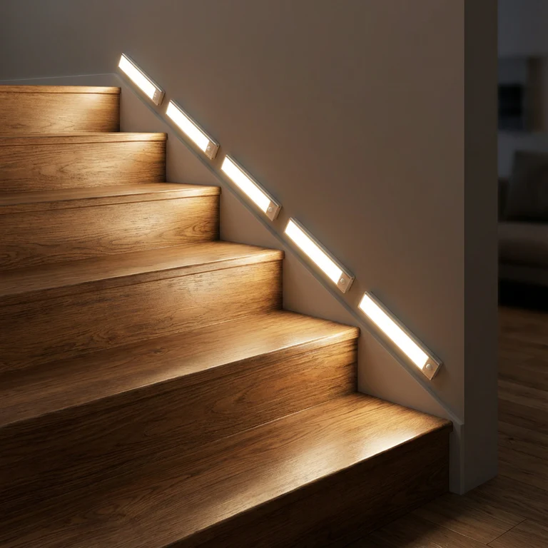 AMBIENTIFY Sora slim rechargeable LED light bar mounted beneath a wooden shelf above a home desk, casting warm even light across the workspace — motion sensor under-cabinet lighting in brushed aluminium.