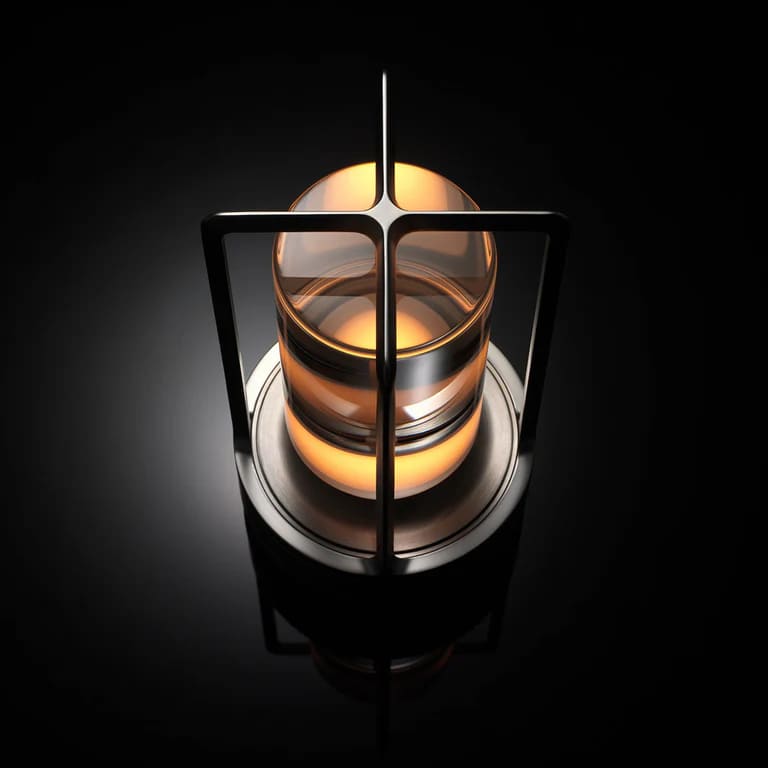 AMBIENTIFY Retro cordless retro table lantern lamp casting a warm amber glow, placed on a wooden tray. Slender aluminium frame with cylindrical acrylic glass shade. Atmospheric home décor lighting for bedroom, living room or outdoor use.