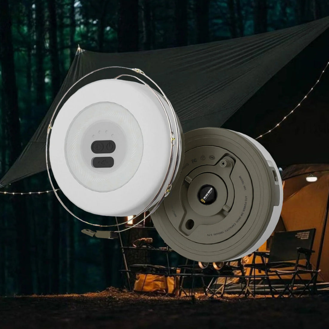 Campify String fairy light reel held in hand at night, showing warm amber LED string lights extended across dark outdoor ground, compact hub glowing with blue charge indicator, IP67 waterproof camping and home fairy lights.