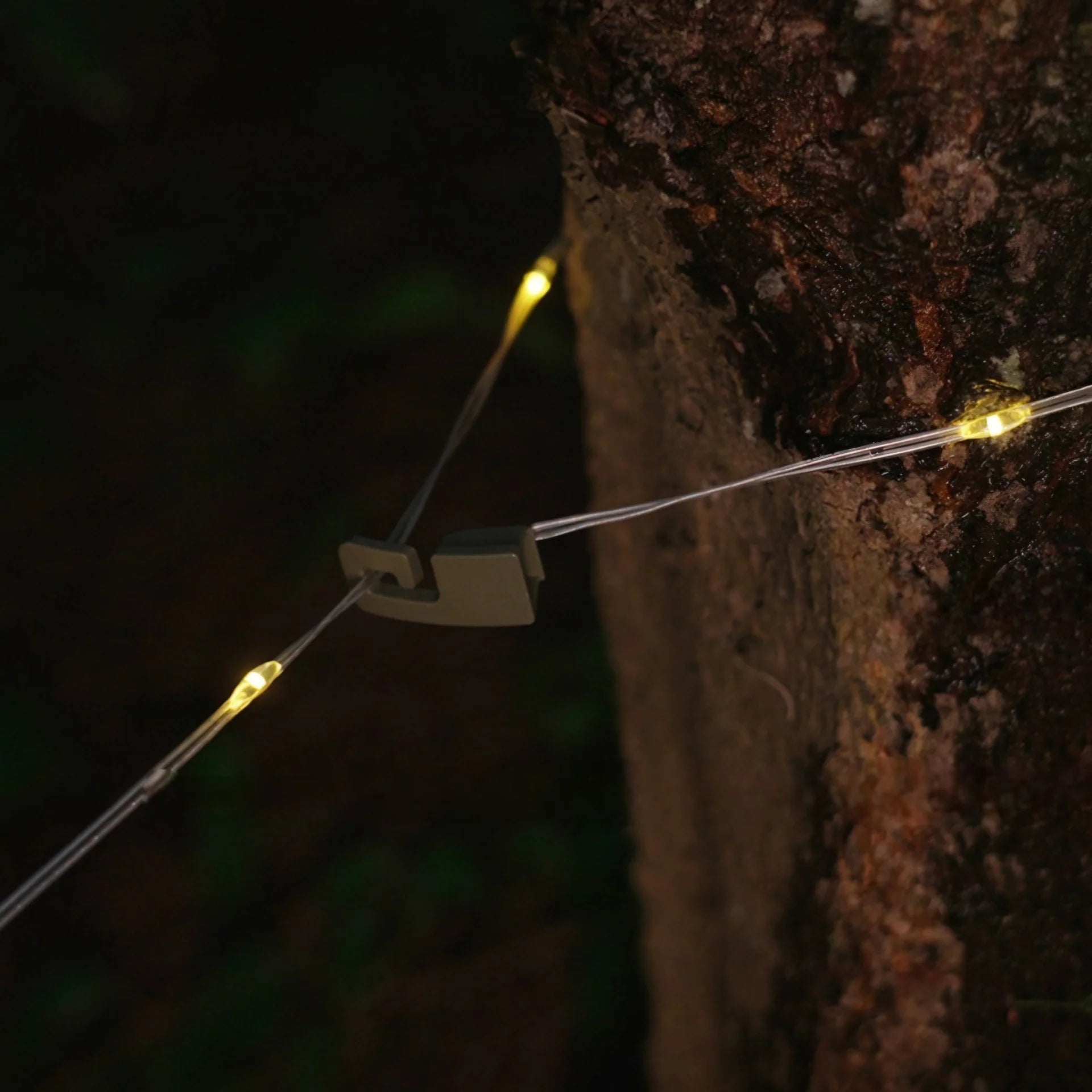 Campify String fairy light reel held in hand at night, showing warm amber LED string lights extended across dark outdoor ground, compact hub glowing with blue charge indicator, IP67 waterproof camping and home fairy lights.