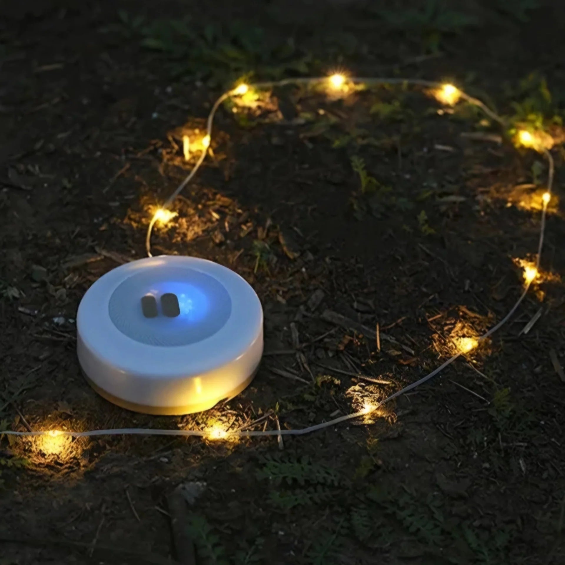 Campify String fairy light reel held in hand at night, showing warm amber LED string lights extended across dark outdoor ground, compact hub glowing with blue charge indicator, IP67 waterproof camping and home fairy lights.
