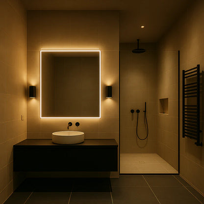 PLUGIFY One plug-in wall light in matte finish mounted in a bedroom wall socket, casting warm ambient light onto a wooden bedside table with a remote control and ceramic mug beside it.